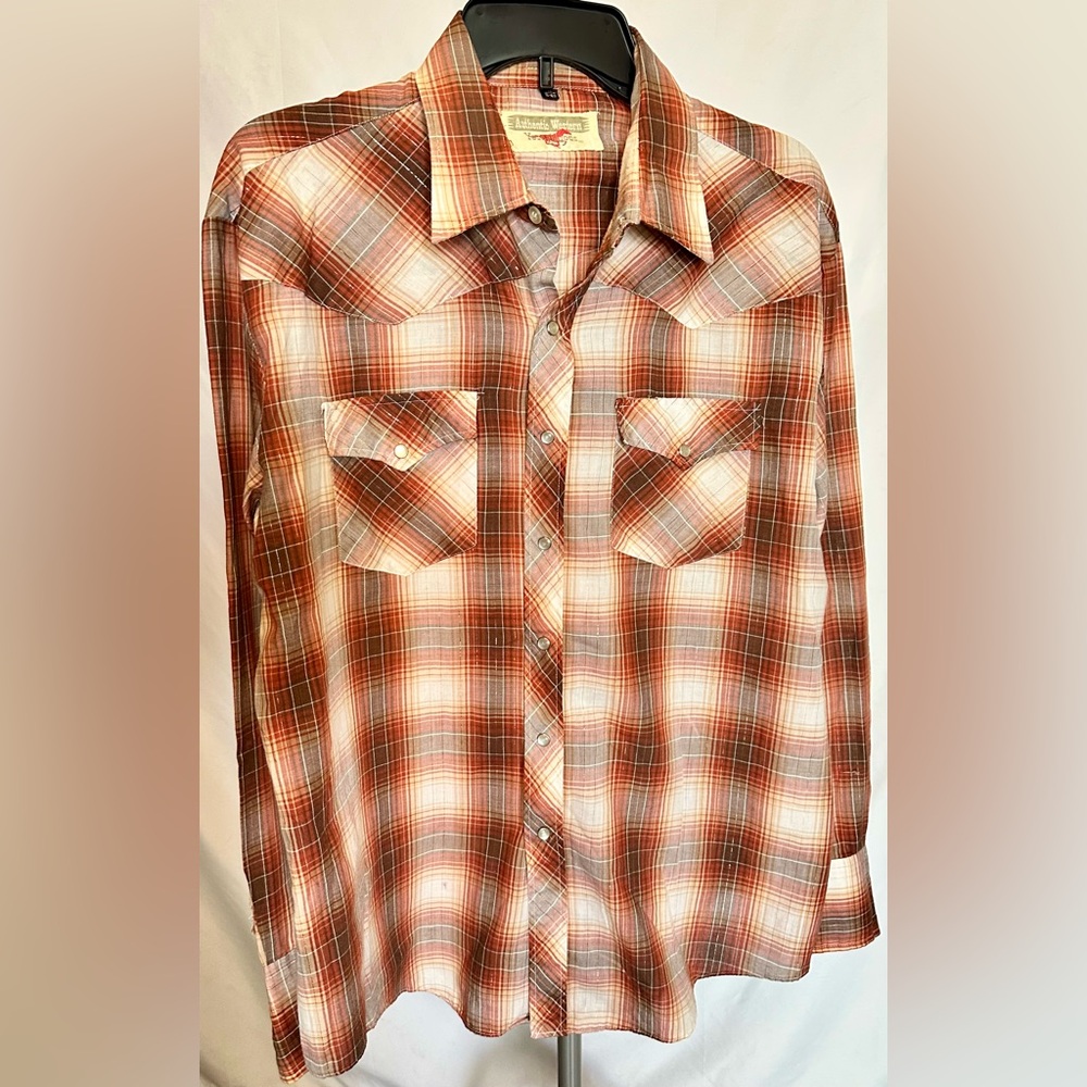 Men's Authentic Vintage Western Plaid Button Up Shirt - Orange and White